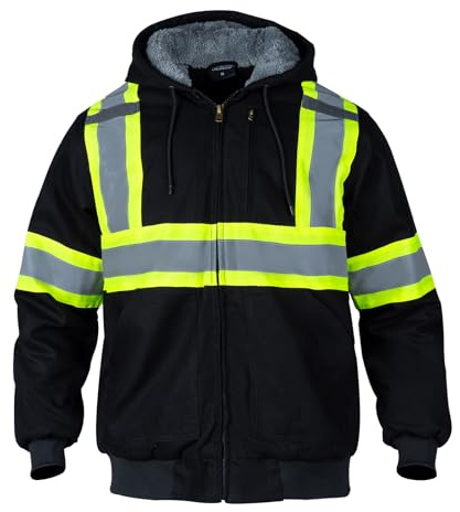 Sicalobo Men's High Visibility Work Jacket, Reflective Waterproof Cashmere Lining Canvas Cold Weather Jacket,Black,4XL