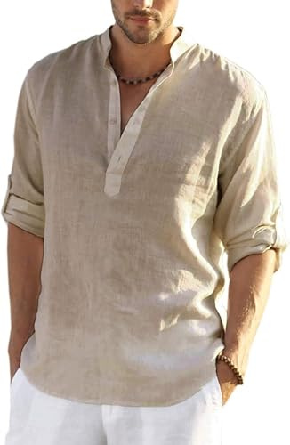 COOFANDY Sommerhemd Herren Langarm Henley Leinenhemd Stehkragen Freizeithemd Regular Fit Leinen Shirts Khaki XL