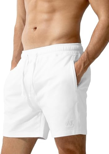Casey Kevin Men's Sweat Cotton Shorts Summer 5 Inch Short with Zip Pockets Elasticated Waist Drawstring Casual Running Shorts,White,M