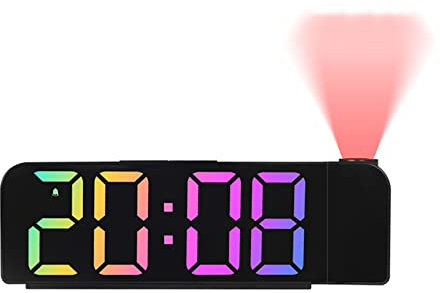 Projektorwecker für Schlafzimmer, 7,4 Zoll großer Projektionswecker mit lichtempfindlichem Dimmmodus, einstellbare Helligkeit, batteriebetriebener Wecker mit USB-Anschluss, Weiß