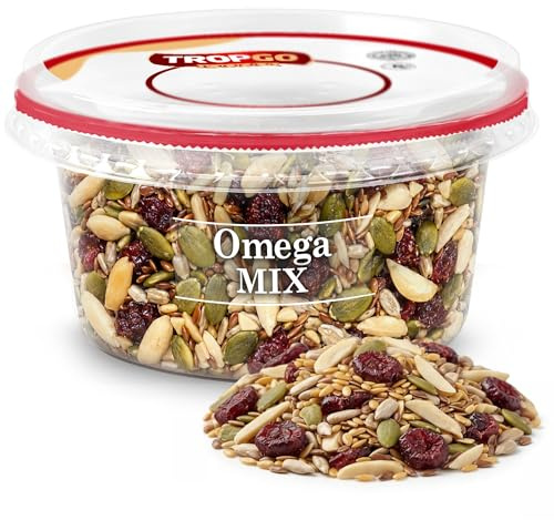 Tropgo Omega Mix 200g - Premium Nuts, Seeds, and Dried Fruit in Resealable and Recyclable Tub - Contains Fibre, Protein, and Essential Minerals - Wholesome Trail Mix - Healthy Snacks