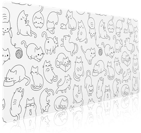 Kawani White Cute Cat Gaming Mouse Pad XXL Kawaii Kittens Anime Aesthetic Extended Big Large Desk Mat Non-Slip Rubber Base Stitched Edge Long Keyboard Mousepad for PC Computer Laptop,35.4×15.7 in