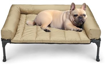 Veehoo Outdoor Hundeliege erhöht, Hundebett Erhöht mit abnehmbarem Bloster Kühlendes Erhöhtes Hundebett mit Atmungsaktivem Teslin-Netz für Haus und Garten, Beige 81 x 64 x 18cm
