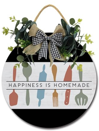Happiness Is Homemade Haustürschild, lustige Kränze, hängende Holztafel, Dekoration, rund, rustikales Holz, Bauernhaus, Veranda, Dekoration für Zuhause, Haustür, 27,9 cm
