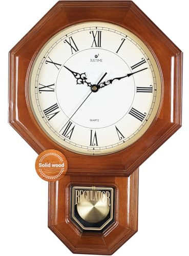 JUSTIME Traditional Schoolhouse Solid Wood Roman Pendulum Wall Clock Chimes Hourly with Westminster Melody Chime Made in Taiwan (Dark Wood w/Westminster Chime)
