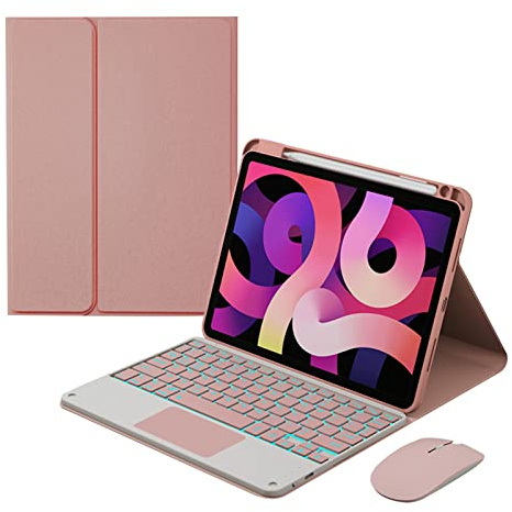 ZKAIAI Teclado Funda para iPad Air 5 2022 / Air 4 2020 con Touchpad, 7 Color Retroiluminada, Español Ñ Teclado Desmontable Inalámbrico con Portalápices para iPad Air 10,9, Rosa con Retroiluminación