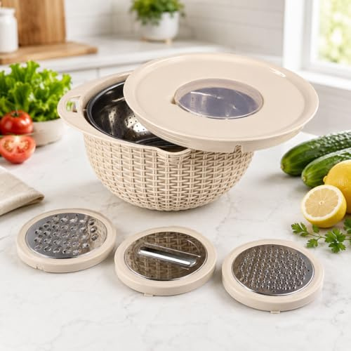Passoire 4 en 1 avec Bol à Mélanger, Passoire Rotative à 2 Couches en Acier Inoxydable, Poignée Ergonomique, Bol de Lavage de Légumes Polyvalent, Nettoyant pour Fruits, Essoreuse à Salade(Beige)