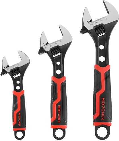 MAXPOWER Adjustable Wrench Set, 6 inch, 8 inch, 10 inch, 3-in-1 CR-V Steel Spanner Wrenches with Hexagonal Holes and Rubber Grip, Dual SAE and Metric Scale (Black, 3 Pack)
