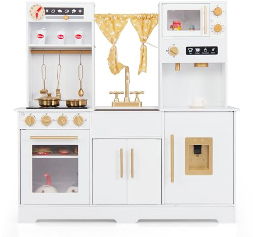 COSTWAY Cocina Madera Infantil, Cocinita Infantil con Luz y Sonido, Cafetera, Fregadero, Grifo, Estufa, Dispensador de Agua, Microondas, Horno, Utensilios, Cocinita de Madera para 3+ Años (Blanco)