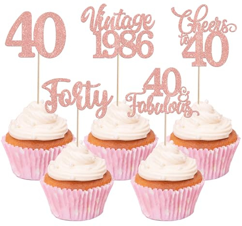 SYKYCTCY 30 Pack Happy 40th Birthday Cupcake Toppers Glitter Forty Vintage 1986 Cupcake Picks Cheers to 40 Fabulous Cake Decorations for 40th Birthday Wedding Anniversary Party Supplies