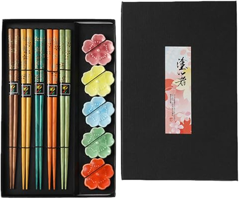 5 Paars Essstäbchen Holz Mit Essstäbchen Ablagen, Bunte Goldene Blumen-Essstäbchen, Wiederverwendbare Natürliche Bambus Essstäbchen Mit 5 Keramik-Essstäbchen Auflagen