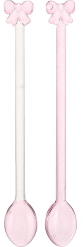 Ciieeo 2er-Set Glaslöffel mit Schleifen-Dekor, Hitzebeständige Rührlöffel für Kaffee und Tee, Dessertlöffel aus Glas in Rosa und Transparent