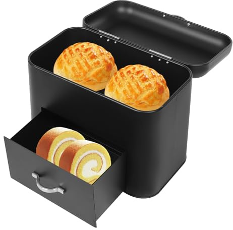 Gorgivous 2 Layer Metal Bread Boxes Countertop Bread Storage Bin Oraganizer with Top Lid and Drawers for Storing Breads Pastries Doughnuts Cookies Grains - Black