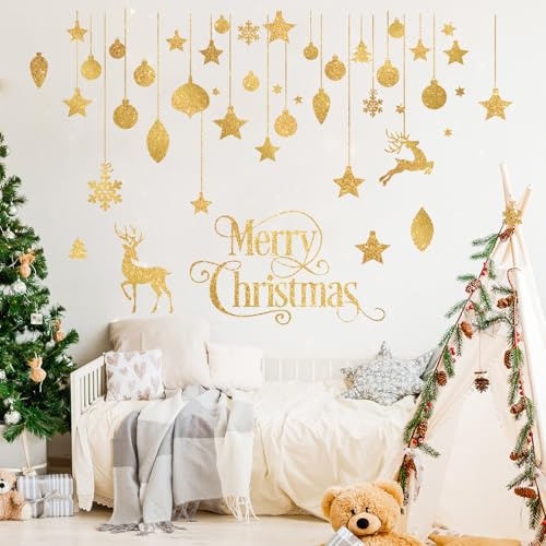 FUFUQUARE Adesivi murali di Natale Glitter Oro Rerener Bells Fiocchi di neve Ornamenti Finestra Vetrina Decalcomanie PVC Peel e Stick Decorazione per Feste