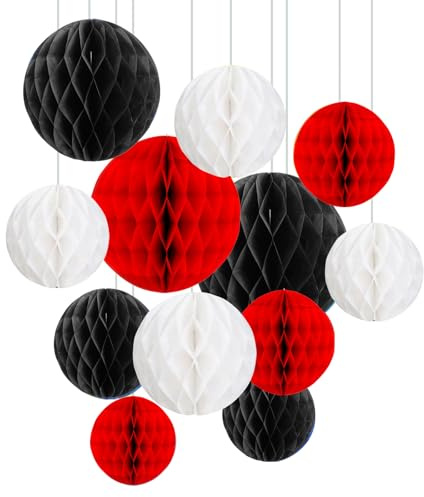 ZYOOO 12pcs Seidenpapier Wabenkugeln, 15/25cm Aufhängen Papier Wabenbälle für Party, Geburtstag, Weihnachten Deko (Rot Schwarz Weiß)