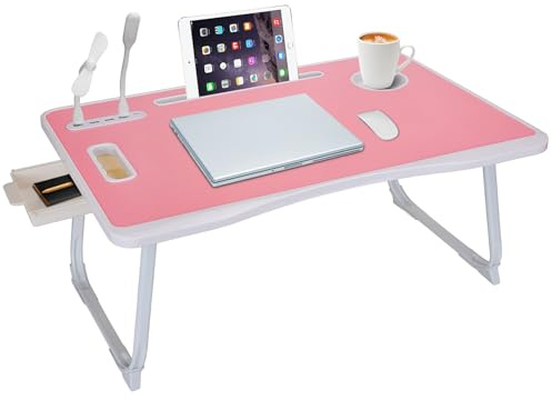 Table de lit USB pour Ordinateur Portable, Plateau Pliable avec Port de Charge USB, poignée, Fente pour Carte de Bureau/Tasse, tiroir latéral, Support Portable pour Manger, Lire, Travailler, Camping