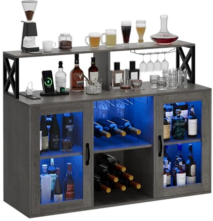 Garvee Wine Cabinet with LED Light, Bar Cabinet with Wine Rack, Glass Holder, and Power Outlets, for Living Room Dining Room, Gray