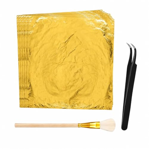 Rtyuio 200 Blatt Goldfolie 14x14cm Mit Pinzetten & Anwendungsbürsten, Feine Goldflocken für Torten Deko, Malerei, Handwerksprojekte, Nageldesign & DIY Kreativität