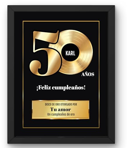 Goldene Schallplatte Wanddeko 50. Geburtstag - Personalisiertes Geschenk | Dekorativer Kunstdruck als goldene Schallplatte, Geschenk zum 50. Geburtstag, personalisiert mit Text und Nachricht