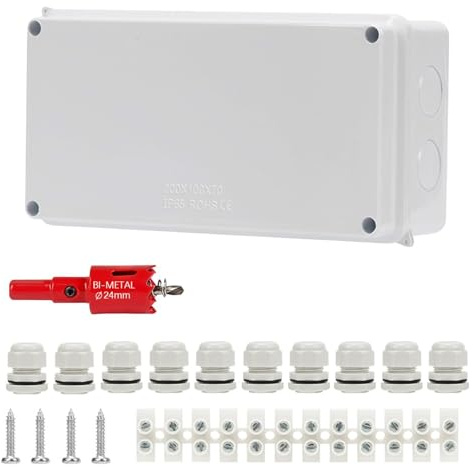 Verteilerdose Abzweigdose Wasserdicht IP65 Aufputz, 200 x 100 x 70 mm Klemmkasten Aufputz Anschlussdose mit Kabelverschraubungen und Lochsäge Abzweigkasten für Innen und Außenbereich