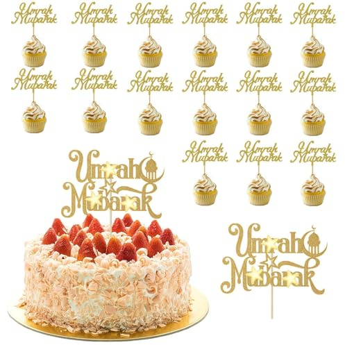 16 Pcs Eid Mubarak Cake Topper Set, 1 Large Eid Decorations Gifts Topper And 15 Small Umrah Mubarak Decoration Cake Toppers, Umrahs Mubaraks Cupcake Toppers Suitable For Cupcakes And Cakes Decorations