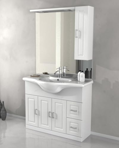 Generico Mobile bagno a terra Claudia bianco lucido cm 105 con lavabo in ceramica, specchio, pensile e tettino led