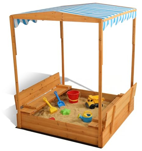 LEADZM Bac à Sable en Bois pour Enfants avec Couvercle Toit et Banc, 118.2 x 113 x 151.5 cm, Grand Bac à Sable Extérieur pour Jardin, Plage, Parc, Cadeau pour Garçons et Filles de 6 à 12 Ans