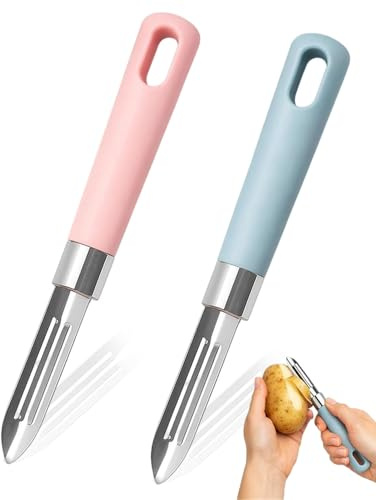 MOPZIJA 2 Piezas Pelador Universal,Peladors Patatas Manual de Verduras y Frutas Acero Inoxidable,pelador multifuncional,pelador de verduras,Mango Ergonómico Pelador para Cocina (Azul/Rosa)