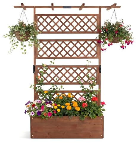 GOPLUS Jardinera con Enrejado de Madera, Jardinera con Celosía, Techo Plano y Orificios de Drenaje, Macetero con Soporte para Trepadoras, Hortalizas, Flores, en Patio Jardín, 100 x 55 x 183 cm