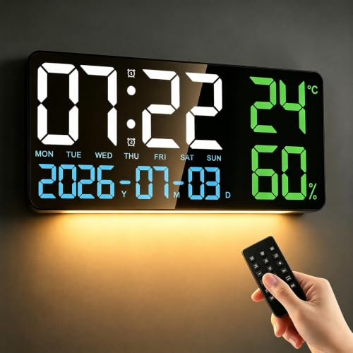 Focenat Horloge Numérique Murale Secteur, 15 Grande Horloge Murale Numérique LED avec Télécommande, Température, Date, Veilleuses, Alarme, Luminosité Réglable Pendule Murale pour Salon Bureau Chambre