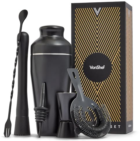 VonShef Cocktail Shaker Set, Black 6pc Set with 550ml Parisian Cocktail Shaker, Professional Bartender Set for Home Bar, Including Strainer, Muddler, Jigger & Other Bar Accessories, Gift Box Included