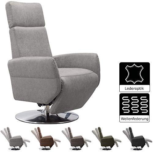 Cavadore TV-Sessel Cobra / Fernsehsessel mit Liegefunktion, Relaxfunktion / Stufenlos verstellbar / Ergonomie L / Belastbar bis 130 kg / 71 x 112 x 82 / Lederoptik Hellgrau