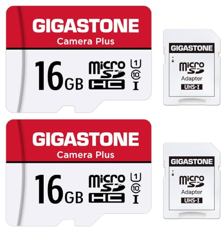 Gigastone Micro SD Card 16GB 2-Pack with 2x SD Adapter + 2x Mini-case, Camera Plus, 85MB/s, Full HD Video, U1 C10 Class 10 Micro SDHC UHS-I Memory Card, with MicroSD to SD Adapter