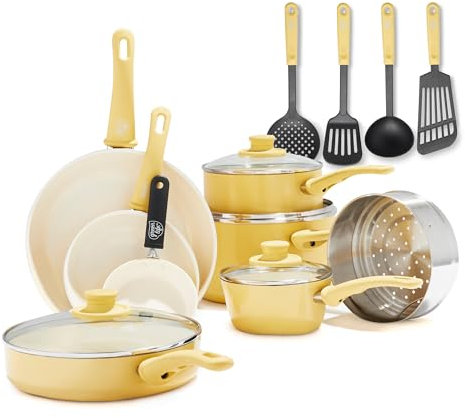 GreenLife Soft Grip Healthy Ceramic Nonstick 16 Piece Kitchen Cookware Pots and Pans Set, Includes Frying Pan Skillets Sauce and Casserole, PFAS-Free, Oven Safe, Yellow