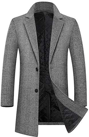 YOUTHUP Abrigo de lana a cuadros para hombre, ajustado, acolchado, grueso, abrigo de invierno de un solo botonadura a cuadros, gris, M