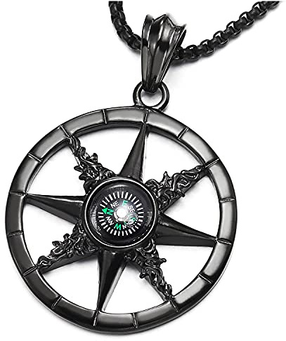 COOLSTEELANDBEYOND Edelstahl Schwarz Marine Rad Kompass Anhänger Herren Damen Halskette mit 75cm Stahl Kugelkette