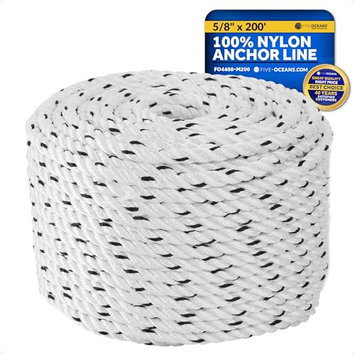 Five Oceans Boat Anchor Rope 5/8 inch x 200 ft - Marine Premium 3-Strand White Nylon - Ideal for Mooring Anchoring Windlasses Towing - FO4488-M200