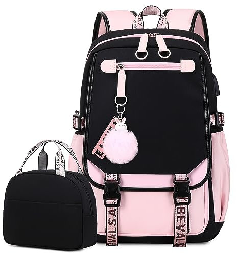 Bevalsa Schulrucksack Mädchen Teenager Schulranzen mit Schultaschen Set, Freizeit Rucksack Groß 20L Wasserdicht School Bag Backpack Casual Daypacks für Kinder Mädchen Teenager Damen (Rosa 1)