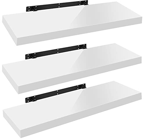 WOLTU Wandregal Schweberegal Hochglänzend Weiß,80x22,9x3,8cm 3er,MDF | Wandregal Set von 3 für Büro, Wohnzimmer, Schlafzimmer, Küche,mit Metallhalterung,unsichtbare Montage
