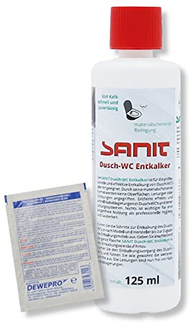 DEWEPRO-Set: SANIT Dusch-WC Entkalker - Flasche à 125ml - Für die professionelle und effektive Entkalkung von Dusch-WCs aller Art geeignet, inkl. 1 St. DEWEPRO® Single Scrubs