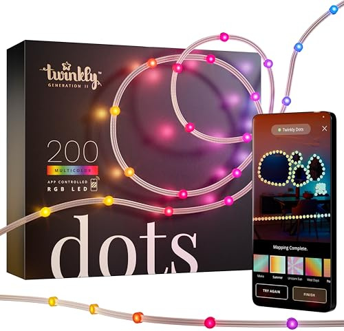 Twinkly Dots 10m, Flexibler RGB-LED-Streifen, für Drinnen und Draußen, Kompatibel mit Alexa und Google Home, IP44, Über 16 Mio. Farben, App-Steuerung, Transparentes Kabel, 200 LED-Lichter