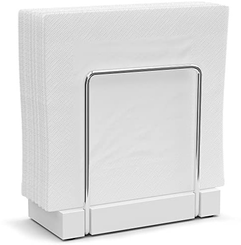 Napkin Holder for Table, Bamboo Iron Standing Napkin Dispenser for Kitchen Dining Table Farmhouse Cocktail Picnic Rustic Wood Holders for Mail Bills Suitable for All Dining Room Decors Silvery & White