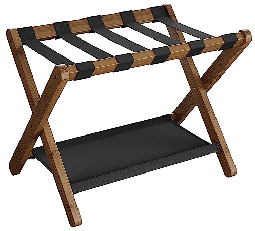 SONGMICS Luggage Rack, Folding Suitcase Stand with Storage Shelf, for Guest Room, Hotel, Bedroom, Heavy-Duty, Holds up to 131 lb, Walnut Brown URLR007D01