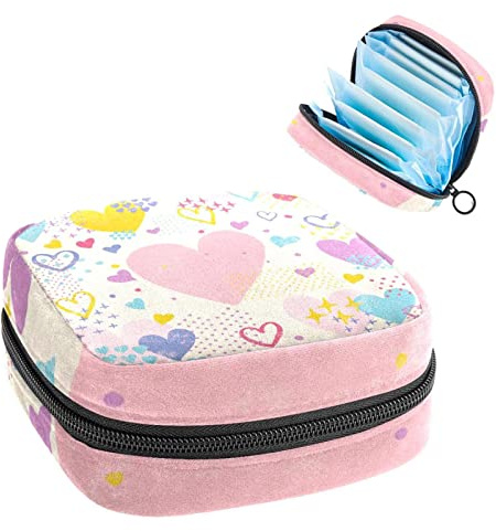 Valentine Love Heart Dot Doodle Pink Gelb Blau Violett Periode Tasche Tragbar Tampon Aufbewahrungstasche für Damenbinden, Mehrfarbig, 4.7x6.6x6.6 in/12x17x17 cm