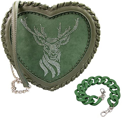 Alpenflüstern Trachten-Herzhandtasche Strasshirsch - Damen Trachten Handtasche, Schultertasche fürs Dirndl, Tasche zur Tracht, Dirndltasche (grün) DTA096