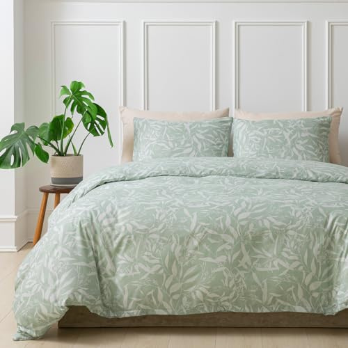 Tokokimo Juego de ropa de cama de microfibra de 200 x 200 cm con diseño de ramas con flores, 3 piezas. Funda nórdica y 2 fundas de almohada con cremallera, 80 x 80 cm, hojas verde claro