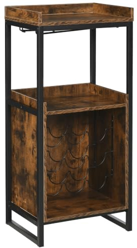 HOMCOM Mobile Portabottiglie Stile Industriale 52x40x113cm Marrone | Cantinetta Vini per 9 Bottiglie, con Portacalici e Ripiani