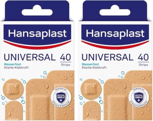 Hansaplast Universal Pflaster (40 Strips), schmutz- und wasserabweisende Wundpflaster, Pflaster Set mit starker Klebkraft & Bacteria Shield (Packung mit 2)