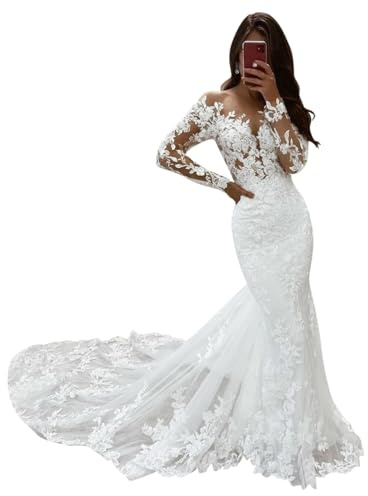 SEVENYXX Manica Lunga Sirena Abito da Sposa Ufficio Civile Abiti da Sposa Tulle Abiti da Sposa con Treno, Bianco, 34