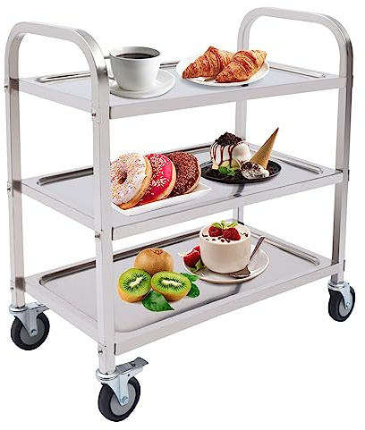 LoyaltyClivia 3 Borde Servierwagen Edelstahl Teewagen Küchenwagen Gastro Servierhilfe Transportwagen 4 Räder mit Bremse Transportwagen für Restaurant Hotel Schul Küche 75 * 40 * 83,5 cm